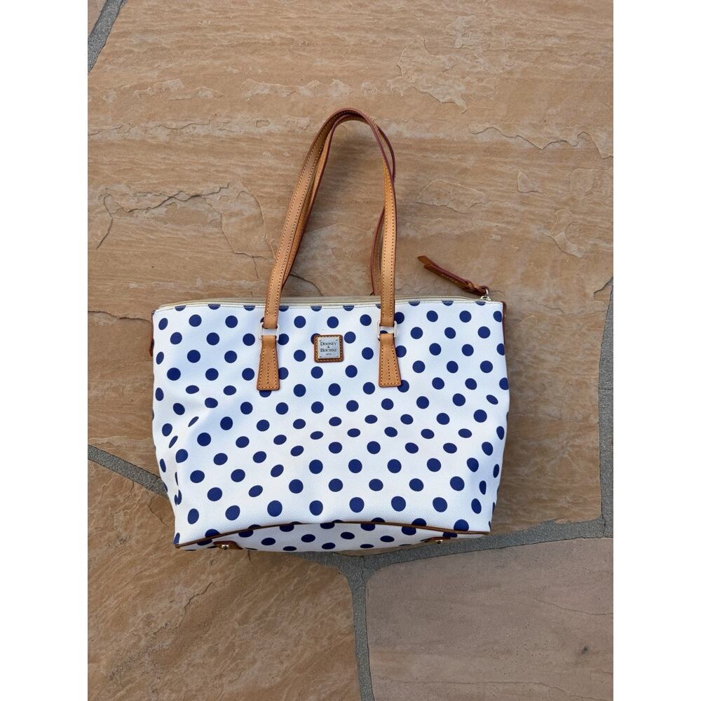 Dooney and Bourke Blue Polka Dot White Zip Top Tote Shopper Laptop Bag